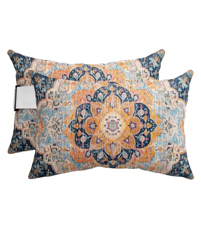 Outdoor Pillows Covers with Inserts Meddle Century Vintage Blue Carpet Mural Pattern Waterproof Pillow with Adjustable Strap Throw Pillows for Patio Furniture Pool Lounge Chair, 12x20 Inch, 2PCS