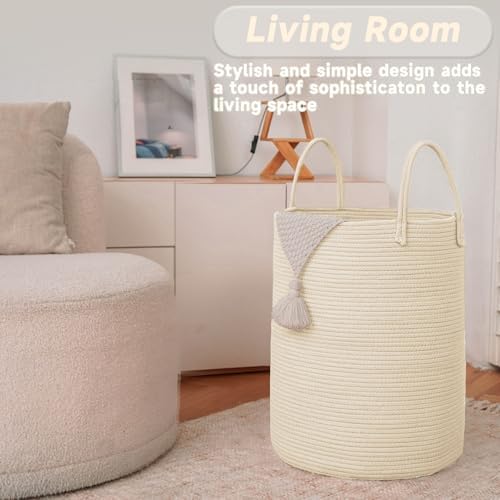 JMvicyroam Large Woven Laundry Basket Hamper,60L Cotton Rope Storage Bin for Blankets,Toys and Clothes,Decorative Tall Nursery Hamper for Living Room,Baby Nursery,Bathroom and Bedroom,Beige - 2