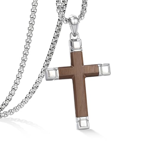 Image of Wooden Cross Necklace for Men with Stainless Steel Adjustable Chain 24-26in, Christian Wood Crucifix Pendant Gift for Him