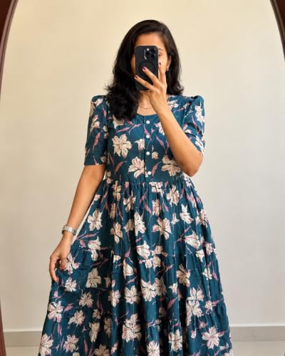 Image of Women's Rayon A-Line Midi Dress, Floral Print, Short Sleeves, Tiered Design, Round Neck, for Summer Wear