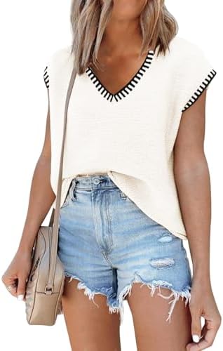 SAUKOLE Women's Sleeveless Sweater Vest Casual V Neck Cap Sleeve ...