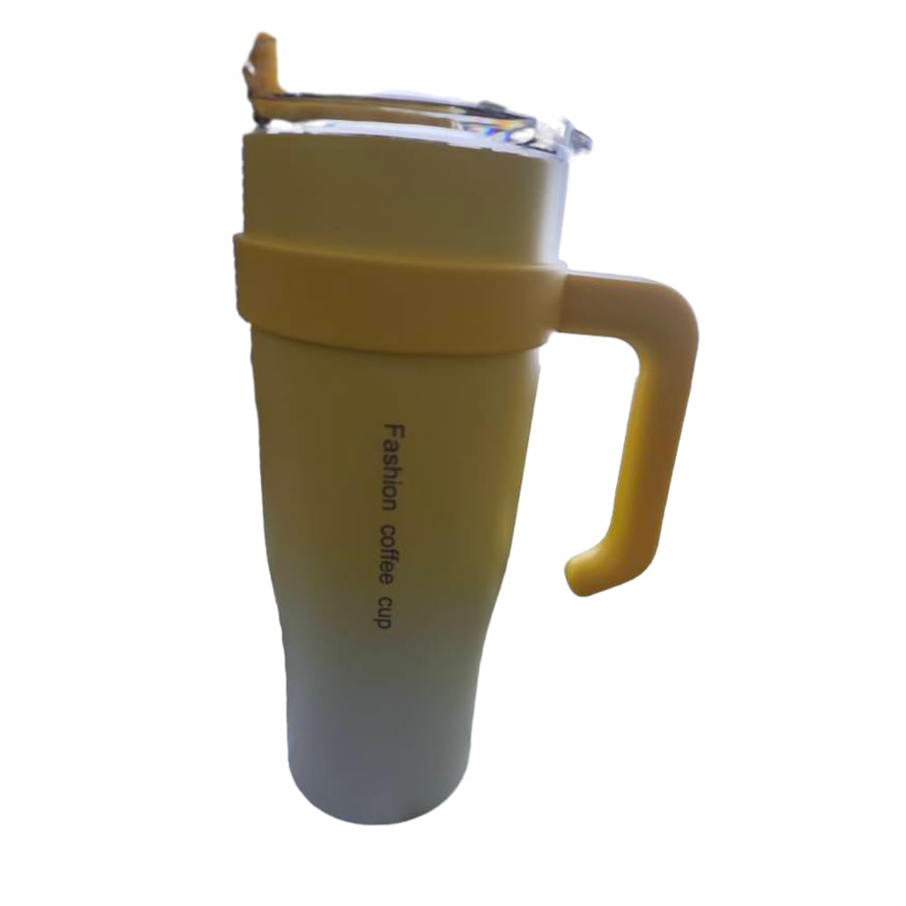 BaronHong 40 oz Cup with Straw and Handle - Three-Wall Vacuum Insulated Cup - Insulated Smoothie Cup - Stainless Steel Cup - Reusable Cup with Lid (Yellow, M)