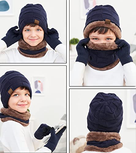 Image of KMOLY Kids Winter Beanie Hat Scarf Touchscreen Gloves Set for Boys Girls 4-15 Years Warm Skull Cap Fleece Lined Knitted Hat