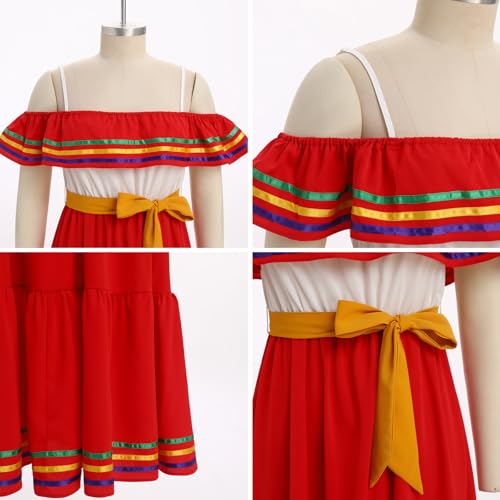 Mexikanisches Kleid für Damen, Cinco De Mayo Fiesta, schulterfrei, Rüschenkleid, Gürtel, Sommer, Strand, Farbblock, Regenbogenstreifen, Rew White, XXL