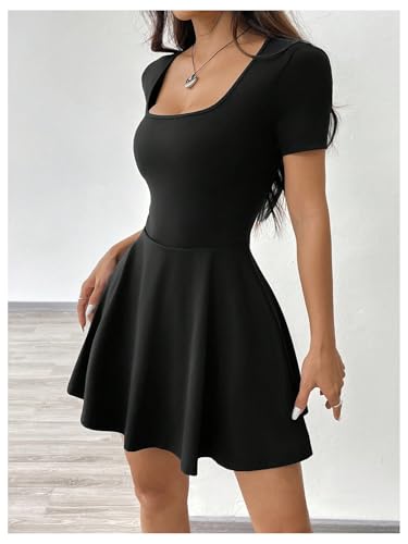 GORGLITTER Women's Tennis Dress with Shorts Square Neck Short Sleeve A Line Skater Mini Golf Dresses with Pocket Black Medium - Image 4