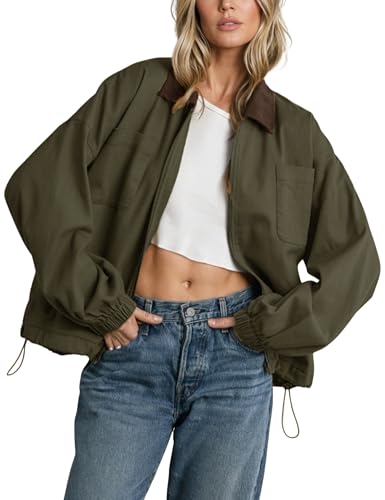 Meyhad Women’s Barn Jacket Corduroy Collar Zipper Utility Jacket Cinchable Hem Workwear Jacket with Pockets(0988-ArmyGreen-M)