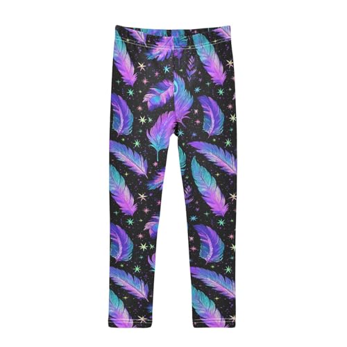 ALAZA Girls' Leggings Children's Yoga Pants Skinny Printed Dance Holographic Purple Feather Comfortable 4T