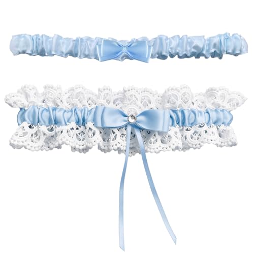 Glowity Wedding Garters for Bride 2 Piece Bridal Garter Set Blue Lace Floral Garter Bridal Accessories for Wedding Party Prom Thigh Garter Belt
