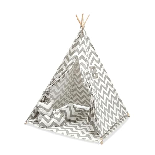 BAABLA Kids Teepee Tent with Cushions & Carry Bag Foldable Cotton Canvas Play Tent with Window Indoor & Outdoor Playhouse for Boys & Girls