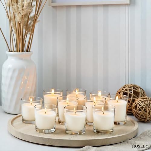 Image of Hosley 20-Pack White Unscented Votive Candles in Clear Glass Holders Hand Poured Wax for Timeless Elegance and Versatile Decor Illuminate Every Moment