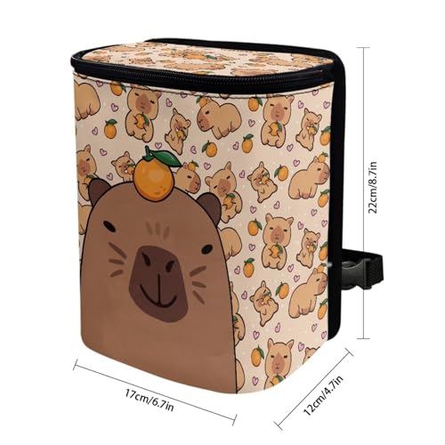 Image of Talayituse Capybara Orange Heart Print Car Trash Can with Adjustable Straps, Car Trash Bag Bin Car Garbage Bag Multipurpose Storage Box for Vehicle Travel Camping Picnicing
