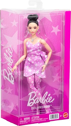 Image of Barbie Deluxe Style Doll #11 in Pink Denim Dress with Printed Stars and Matching Tights Black Hair Tied High Knot JJN71