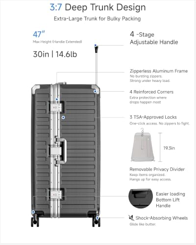 Image of LUGGEX Zipperless Checked Suitcase, Aluminum, Charcoal Metallic, 32 inch | Checked Luggage, 100% PC Hard Shell, 8010S Aluminum Frame, 8 Spinner Wheels, TSA Lock, Hard Shell, ZX-Core