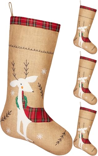 BRUBAKER Chaussette de Noël à Remplir et à Suspendre - 52 cm Grand Chaussette de Saint Nicolas - Chaussette de Noël Décorative en Jute - Renne Festif - 4 pcs.