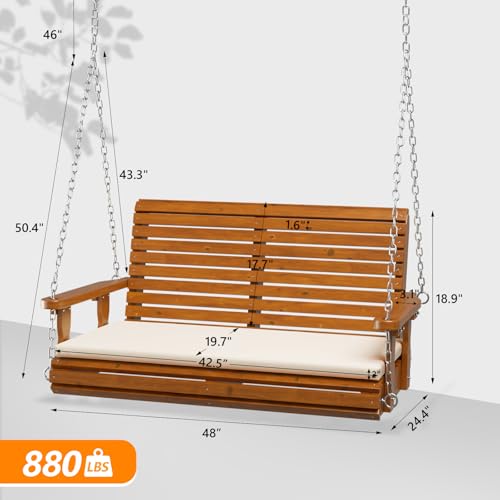 Image of VINGLI 4 FT Heavy Duty Porch Swing with Cushion, 880 LBS Wooden, Brown