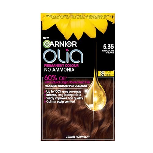 Garnier Olia 5.35 Rich Chocolate Brown oil-powered no-ammonia. 100% grey coverage. Luminous long-lasting vibrant rich chocolate brown color with exceptional shine.