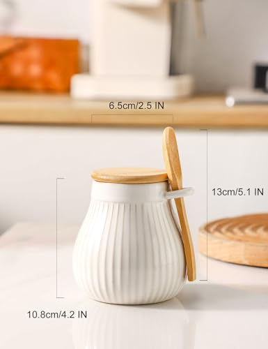 Sugar Bowl with Wooden Lid and Spoon, Ceramic Sugar Container for Coffee Bar, Sugar Jar Holder Sugar Dispenser Bowl for Sea Salt, Spice and Sugar, Glazed White - Image 3