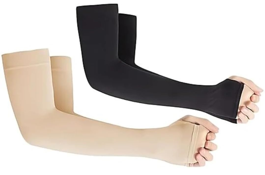AKSHINE, Premium Beige & Black Compression Arm Sleeve for Sports, Running, Gym, Cycling, Basketball, UV Protection, Breathable, Stretchable, Comfortable Fit, Unisex 2 Pairs-image-44