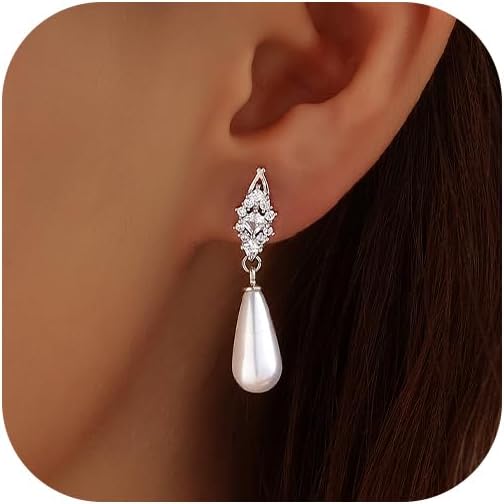 Pearl Earrings for Women, 14k Gold Plated Trendy Diamond Pearl Drop Earrings Bridal Shower Gifts Wedding jewelry for Women