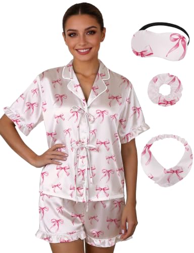 DOLOS Satin Pajama Set for Women Short Sleeve Silky Pjs (‌Pink Bow, L)