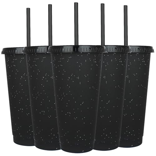 Suertestarry Tumbler with Straw and Lid,Water Bottle Iced Coffee Travel Mug Cup,Reusable Plastic Cups,Perfect for Parties,Birthdays… (Black, 5pack)