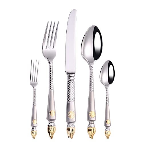 Silverware Flatware Cutlery Set, 5/20 Piece 304 Stainless Steel Steak Knife and Fork Set Light Luxury Sandblasting Torch Knife, Fork and Spoon Western Food,Silver-20 Pieces for 4