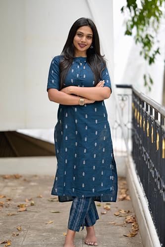 Image of ANNI Designer Women's Viscose Printed Straight Kurta Set with Pant | Blue Ethnic Wear | Mandarin | Elbow Length Sleeve Indian Traditional Outfit for Women