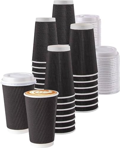 HOT BARGAINS 50 x 16oz Black Kraft Paper Cups with lids for hot a...
