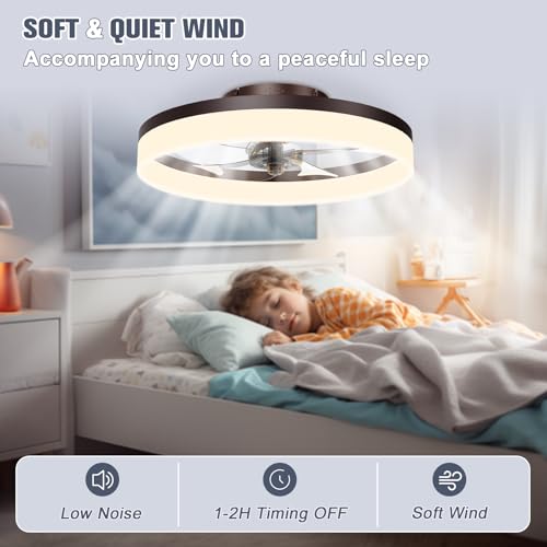 Image of VOLISUN Low Profile Ceiling Fans with Lights and Remote, 19.7in Fandelier Ceiling Fan Flush Mount, 3000K-6500K Smart Bladeless LED Fan Light, Brown Modern Ceiling Fans with Lights for Bedroom