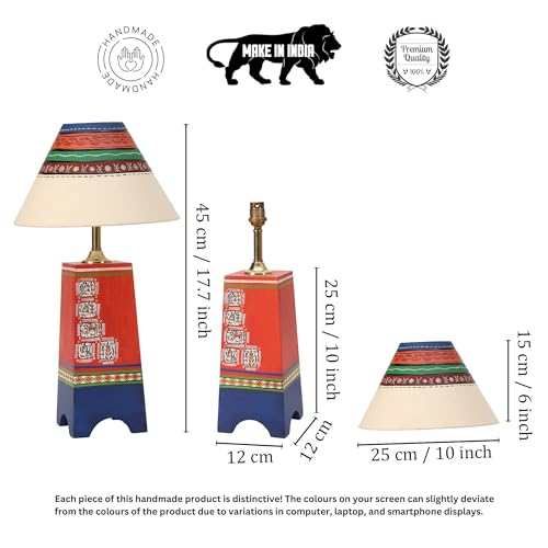 Image of AAKRITI ART CREATIONS Pyramid-I Wooden Table Lamp in Red with Wali Art Paintings & White Shade | Multi Color Wooden Lamp | Matte Finish Home Decor Lamp