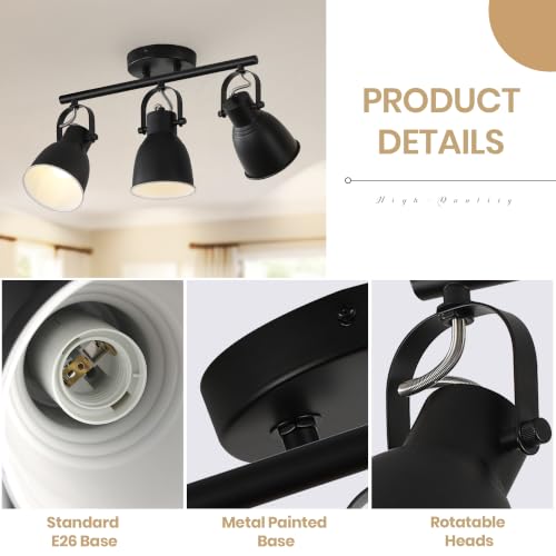 Image of 3-Light Track Lighting Fixture, Matte Black Adjustable Directional Ceiling Spot Lights, Industrial Farmhouse Semi Flush Mount Ceiling Light for Kitchen, Hallway, Bedroom, Living Room, E26 Base