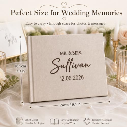 Image of Custom Embroidered Wedding Guest Book with Last Name Linen Hardcover Album