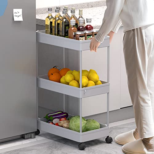 Image of SPACELEAD 3 Tier Rolling Cart with Wheels, Storage Craft Art Trolley Organizer Serving, 3 Hanging Baskets Easy Assembly, for Office, Living Room, Kitchen, Gray