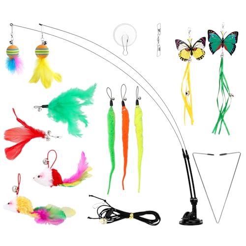 QWORK® 20 Piezas Juguetes para Gatos, Juguetes interactivos para Gatos, con Plumas, Pelotas, orugas de Tela y Ventosa etc