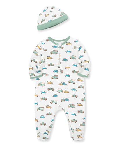 Image of Little Me Baby Boy Clothes 2-Piece Baby Sleeper and Cap Set, 100% Cotton Footies Baby Essentials, Preemie to 9 months