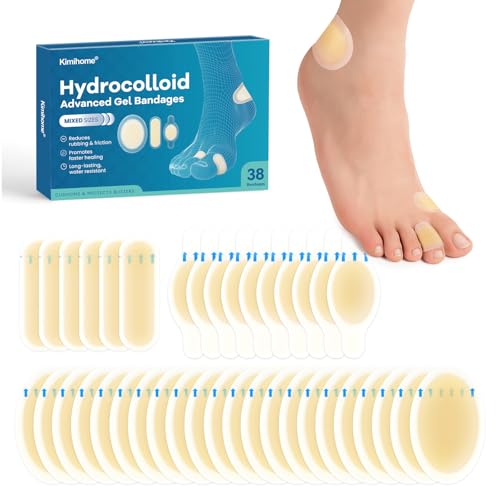 Hydrocolloid Gel Blister Bandages Pads - Kimihome 38ct Waterproof Blisters Bandages - Adhesive Blister Pads for Heel, Foot, Toe,Finger - Gel Blister Prevention for Travel,Hiking(Variety Pack)
