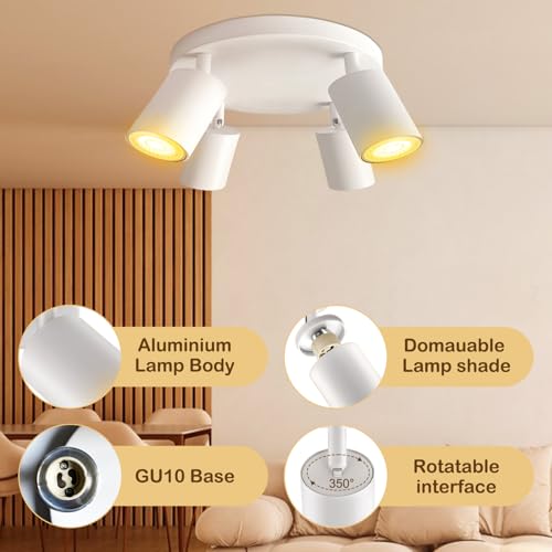 Image of Wiseworld 4 Light Track Lighting Fixtures for Ceiling LED White Spot Lights Indoor Round Chassis GU10 Base Lamp Rotatable Modern Ceiling Spotlight for Bedroom Kitchen Hallway (Bulb Not Included)