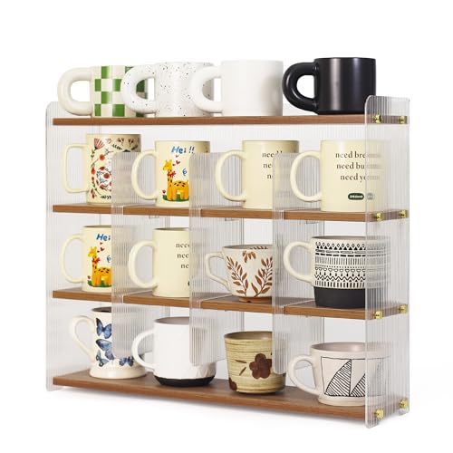 KAOTGOT Coffee Mug Holder Wooden Cup Station Organizer 4-Tier Cup Holder for Coffee Bar Mug Display Rack for Countertop Mug Holder Shelf for Home Kitchen Nut Brown