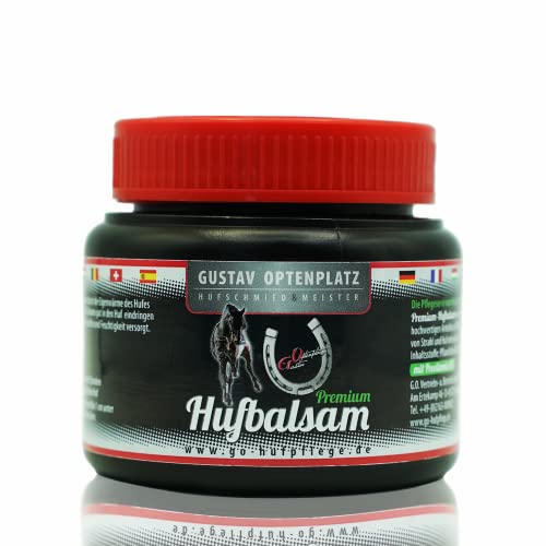 Gustav Optenplatz Premium Hufbalsam für Pferde, GO! Pferdepflege für gesundes Hufwachstum, Huffett für die tägliche Hufpflege, Hufsalbe & Huffestiger gegen trockene rissige Hufe, Anti-Doping (250ml) Cover