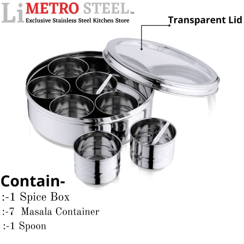 Image of LIMETRO STEEL Stainless Steel Spice Box with Mirror Lid (1 Container, 7 Bowls, 1 Spoons)