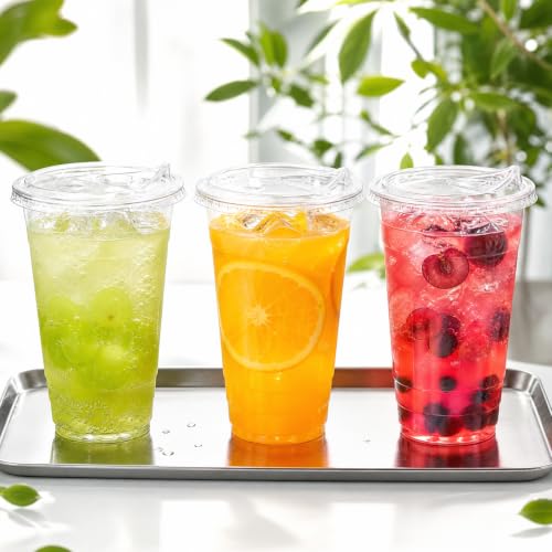 Image of Ginkgo 100 Pack 24 oz Clear Plastic Cups with Strawless Sip Lids