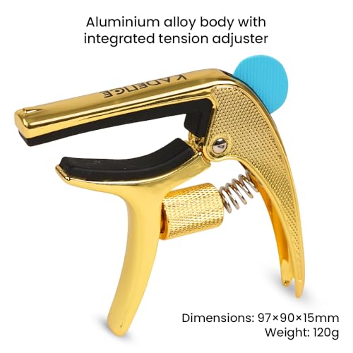 Image of Kadence CAP-S01GD Touring Series Professional 3-in-1 Guitar Capo | Quick-Change Aluminium Alloy Capo with Adjustable Tension, Pick Holder & Bridge Pin Remover | For Acoustic & Electric Guitars | Gold