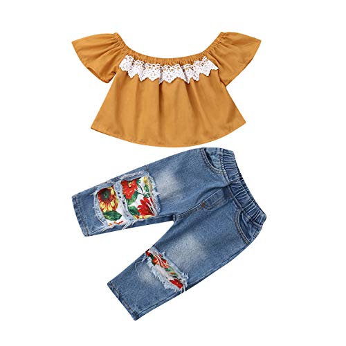 Citgeett Toddler Baby Girls Jeans Outfits Off Shoulder Tube Top+Hole Denim Pants Set Kids Summer Clothes cover