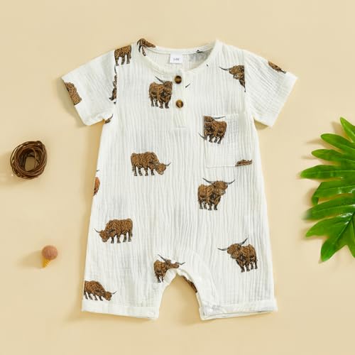 Chloefairy Newborn Baby Boy Western Clothes Highland Cow Romper Short Sleeve Cotton Linen Jumpsuit Cowboy Summer Outfit2