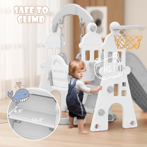 67i Toddler Swing and Slide Set for Age 1-3 - Indoor/Outdoor Playset with Safety Belt, Basketball Hoop & HDPE Material (Grey) - Thumbnail 7