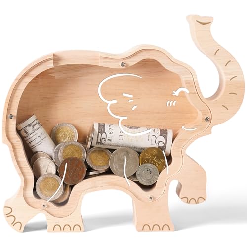 Uniwooder Wooden Elephant Piggy Bank for Kids, Money Bank for Girls Boys