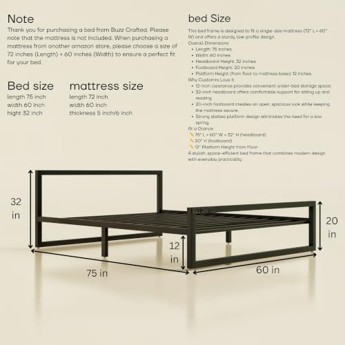 Image of Bed Queen Size Metal Frame | Heavy Duty Steel Platform Double Cot | Steel Floor Frame with Queen Slats |Metal Iron Bed| Noise Free & No Box Spring Needed | Home, Hotel, Hostel & Guest Room | Black
