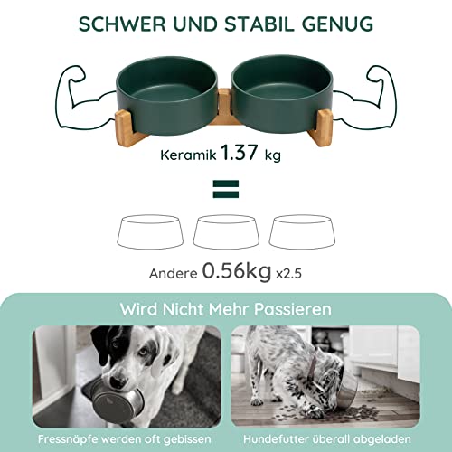 SPUNKYJUNKY Hundenapf Keramik Doppel Hund Futternapf mit Bambus Ständer für Katzen und Hunde (400ml, 1-Grün)