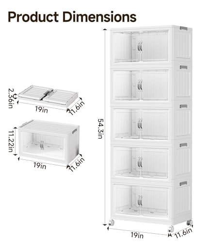 Hanyi 380 QT Stackable Storage Bins with Lids, 5 Tier Collapsible Plastic Storage Cabinet with Magnetic Doors, Removable Top Lid, Locking Wheels, Closet Organizer for Bedroom, Pantry, Office - Image 3