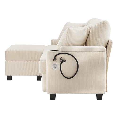 Arhatreya 3 Sitzer L-förmiges Sofa Gästesofa Modern Couch mit 2 Kissen, 3er Sitzsofa mit Getränkehalter Fußhocker und Getränkehalter, Ecksofa für Wohnzimmer, Schlafzimmer, Buros, Cordstoff, Beige – Bild 8